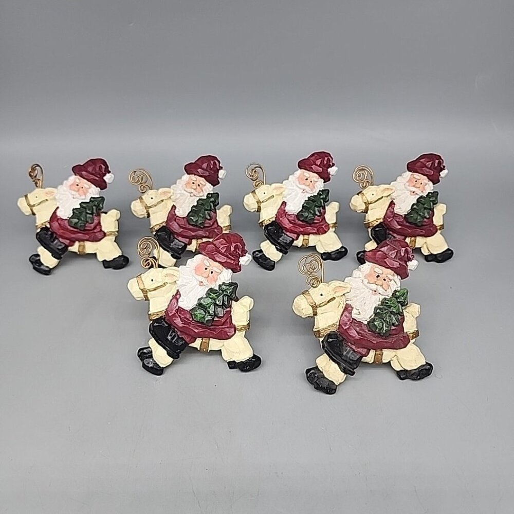 Vintage Rustic Santa Reindeer & Christmas Tree Napkin Rings x6 Large Resin 1999